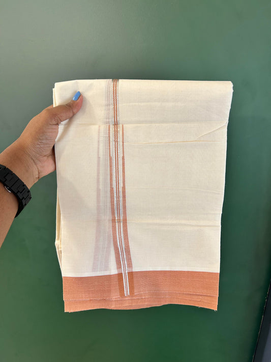 Off White Double (Unbleached) Mundu/Dhoti - 20% Discount! KaithariKada Balaramapuram 100% Cotton -100x80 - 1 inch Silver Kasav & Brown Stripes Puliyilakkara Chutty Kara 4 mtr (8.5 Muzham) - 52 KK5440 VIN