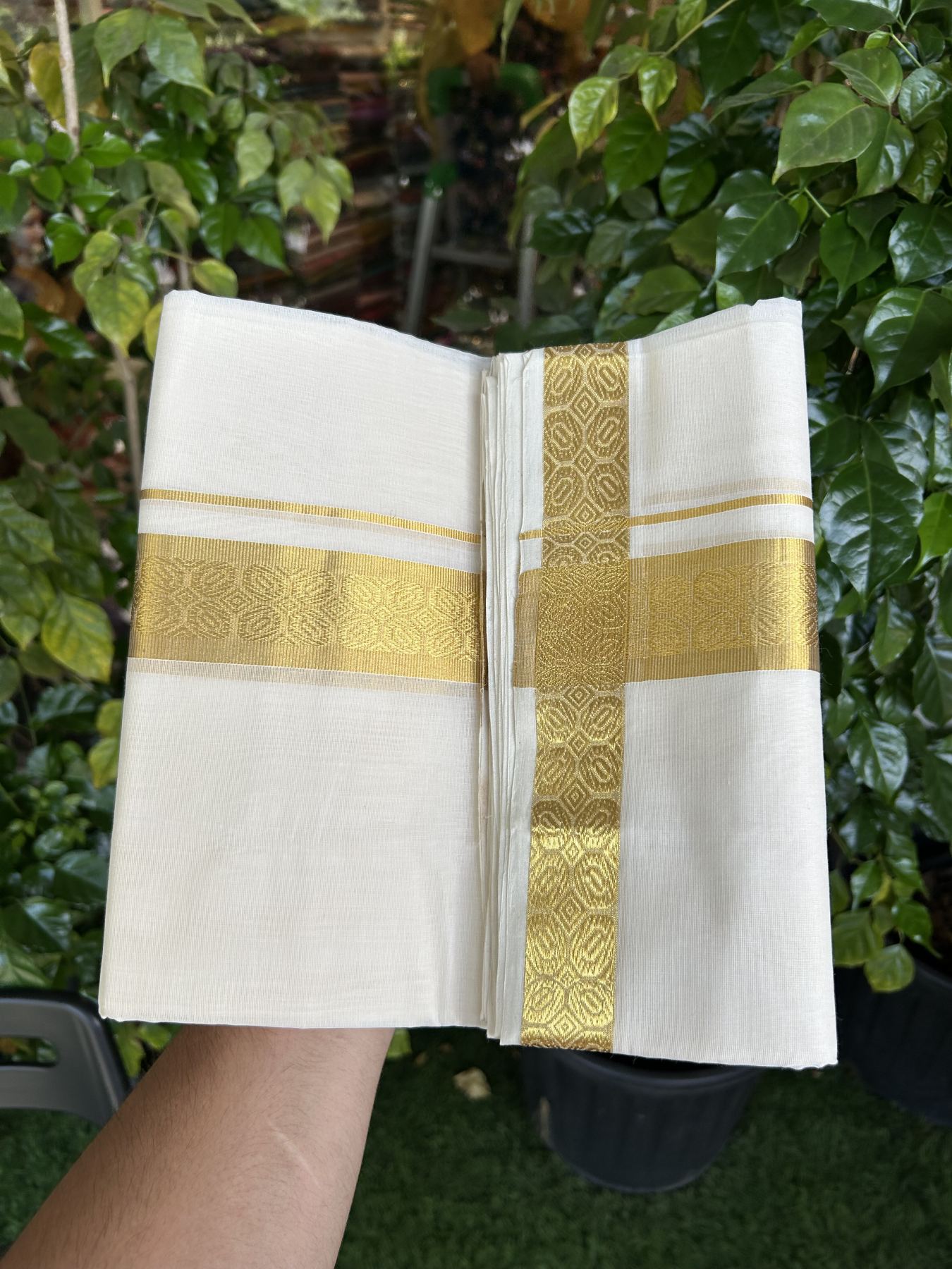 25% Discount ! KaithariKada Kerala Handloom Millpaav  - 100% Pure Cotton Off White- (Unbleached) Double Mundu/Dhoti - 80x90 - 1.75 inch Gold Kasav Jacquard Design Kara 4 mtr (8.5 Muzham) - 47 KK5337 RAM