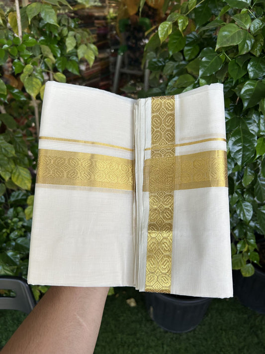25% Discount ! KaithariKada Kerala Handloom Millpaav  - 100% Pure Cotton Off White- (Unbleached) Double Mundu/Dhoti - 80x90 - 1.75 inch Gold Kasav Jacquard Design Kara 4 mtr (8.5 Muzham) - 47 KK5337 RAM
