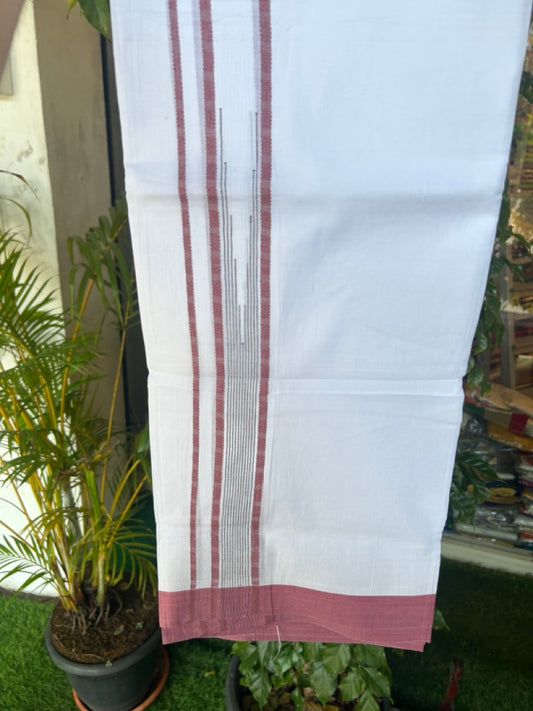 20% DISCOUNT! KaithariKada Balaramapuram DOUBLE PURE WHITE 100% Cotton Mundu/Dhoti - 100x80 - 1.5 inch Dark Peach Putta Design Chutty Kara - 9KK5174THI