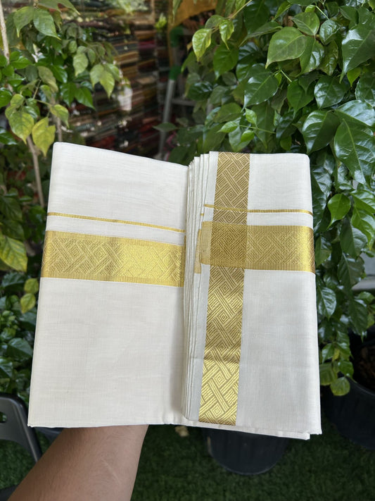 25% Discount ! KaithariKada Kerala Handloom Millpaav  - 100% Pure Cotton Off White- (Unbleached) Double Mundu/Dhoti - 80x90 - 1.75 inch Gold Kasav Jacquard Design Kara 4 mtr (8.5 Muzham) - 46 KK5337 RAM