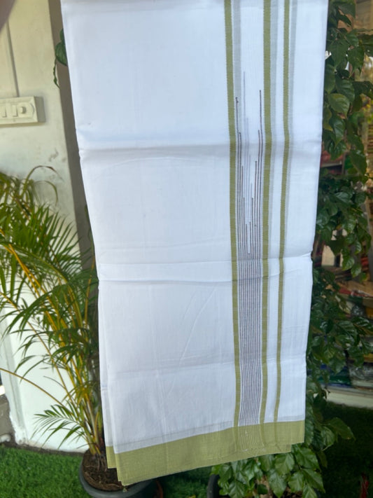 20% DISCOUNT! KaithariKada Balaramapuram DOUBLE PURE WHITE 100% Cotton Mundu/Dhoti - 100x80 - 1.5 inch Parrot Green Putta Design Chutty Kara - 8KK5174THI