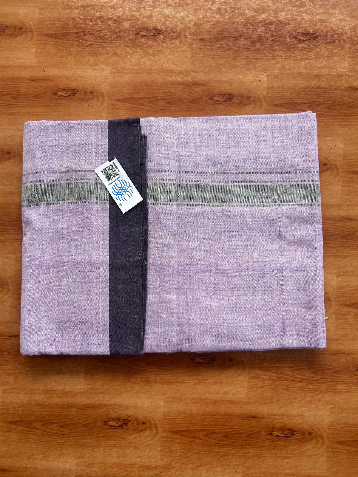 Kerala Handloom - Signature Kaitharikada - 100% Pure Cotton 2/60sx40s Thread - Single Mundu / Dhoti - 1 inch Black Shaded Striped Kara with Violet & White colour Body - 90 KK8080 KAL