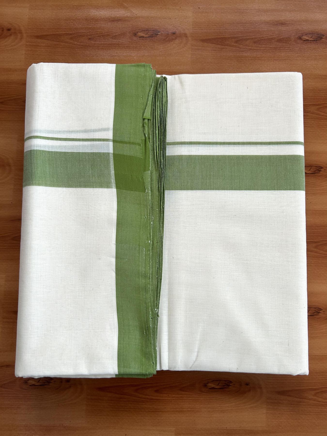 Double Off White (Unbleached) Mundu/Dhoti- 25% Discount! KaithariKada Handloom Millpaav - Kerala Handloom - Cotton - 80x90 - 1.25 inch Light Green Mulloth Kara 4.50 meter (10 Muzham) - 14 KK5396 RAM