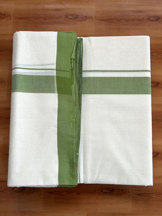 Double Off White (Unbleached) Mundu/Dhoti- 25% Discount! KaithariKada Handloom Millpaav - Kerala Handloom - Cotton - 80x90 - 1.25 inch Light Green Mulloth Kara 4.50 meter (10 Muzham) - 14 KK5396 RAM