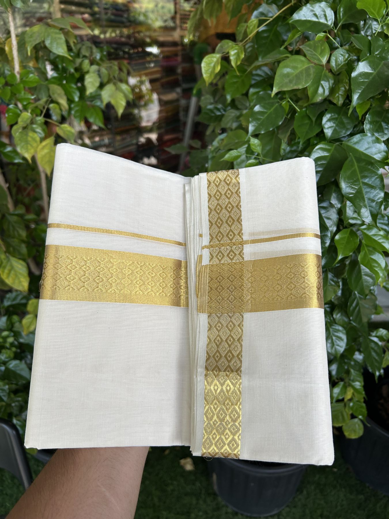 25% Discount ! KaithariKada Kerala Handloom Millpaav  - 100% Pure Cotton Off White- (Unbleached) Double Mundu/Dhoti - 80x90 - 1.75 inch Gold Kasav Jacquard Design Kara 4 mtr (8.5 Muzham) - 48 KK5337 RAM