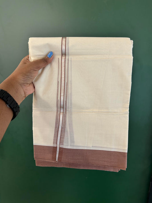 Off White Double (Unbleached) Mundu/Dhoti - 20% Discount! KaithariKada Balaramapuram 100% Cotton -100x80 - 1 inch Silver Kasav & Dark Brown Puliyilakkara Chutty Kara 4 mtr (8.5 Muzham) - 48 KK5440 VIN