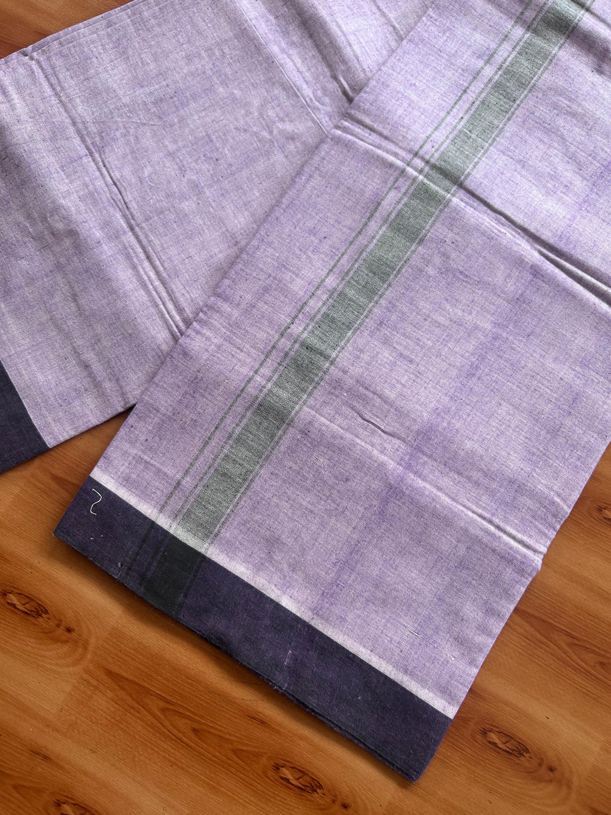 Kerala Handloom - Signature Kaitharikada - 100% Pure Cotton 2/60sx40s Thread - Single Mundu / Dhoti - 1 inch Black Shaded Striped Kara with Violet & White colour Body - 90 KK8080 KAL