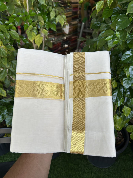 25% Discount ! KaithariKada Kerala Handloom Millpaav  - 100% Pure Cotton Off White- (Unbleached) Double Mundu/Dhoti - 80x90 - 1.75 inch Gold Kasav Jacquard Design Kara 4 mtr (8.5 Muzham) - 51 KK5337 RAM