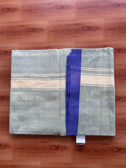 Kerala Handloom - Signature Kaitharikada - 100% Pure Cotton 2/60sx40s Thread - Single Mundu / Dhoti - 1.25 inch Light Yellow Shaded Striped Kara with Olive Green & Light Yellow colour Body - 91 KK8080 KAL