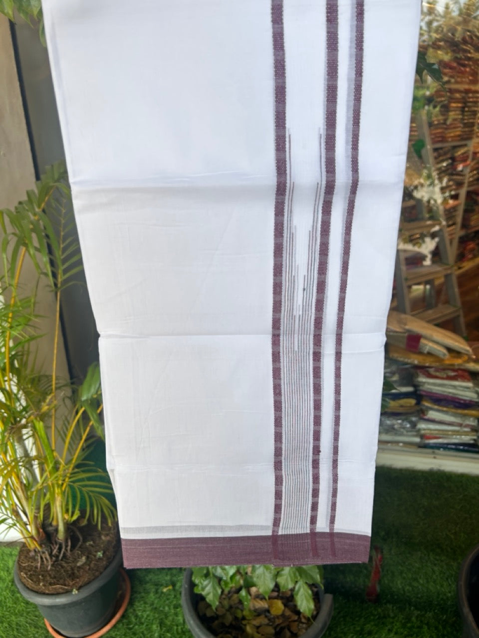 20% DISCOUNT! KaithariKada Balaramapuram DOUBLE PURE WHITE 100% Cotton Mundu/Dhoti - 100x80 - 1.5 inch Wine Purple Putta Design Chutty Kara - 16KK5174THI