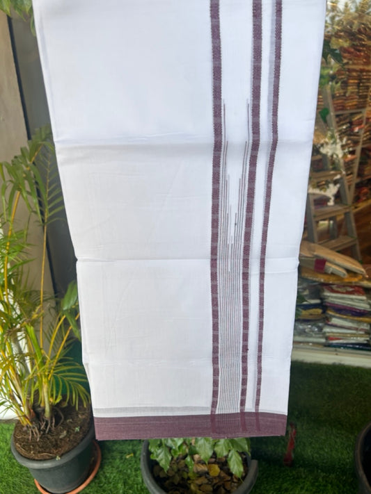 20% DISCOUNT! KaithariKada Balaramapuram DOUBLE PURE WHITE 100% Cotton Mundu/Dhoti - 100x80 - 1.5 inch Wine Purple Putta Design Chutty Kara - 16KK5174THI
