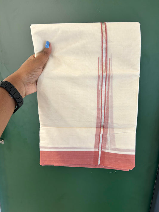 Off White Double (Unbleached) Mundu/Dhoti - 20% Discount! KaithariKada Balaramapuram 100% Cotton -100x80 - 1 inch Silver Kasav & Dusty Rose Puliyilakkara Chutty Kara 4 mtr (8.5 Muzham) - 46 KK5440 VIN