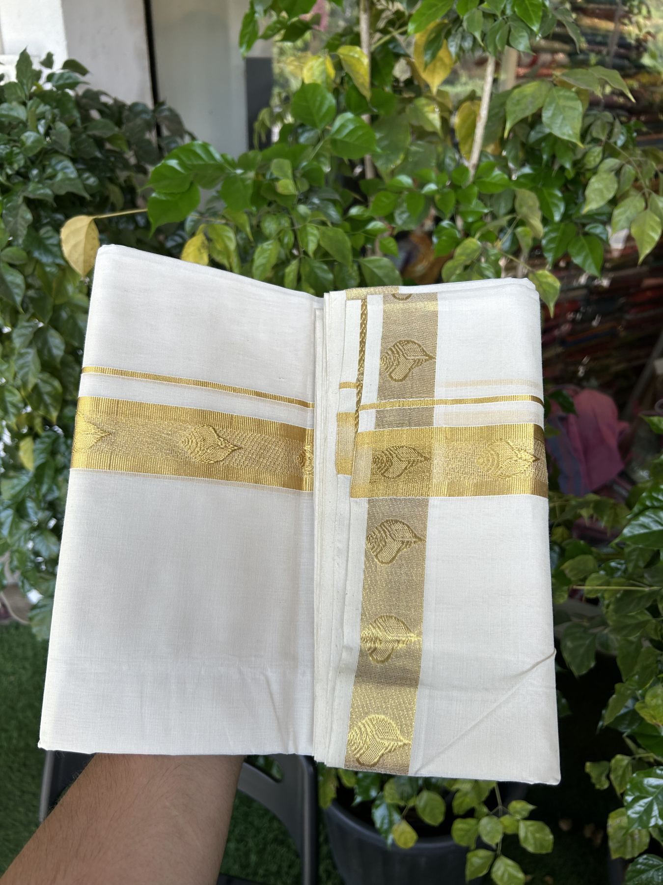 25% Discount ! KaithariKada Kerala Handloom Millpaav  - 100% Pure Cotton Off White- (Unbleached) Double Mundu/Dhoti - 80x90 - 1.75 inch Gold Kasav Jacquard Design Kara 4 mtr (8.5 Muzham) - 49 KK5337 RAM