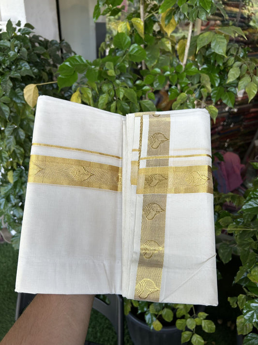 25% Discount ! KaithariKada Kerala Handloom Millpaav  - 100% Pure Cotton Off White- (Unbleached) Double Mundu/Dhoti - 80x90 - 1.75 inch Gold Kasav Jacquard Design Kara 4 mtr (8.5 Muzham) - 49 KK5337 RAM