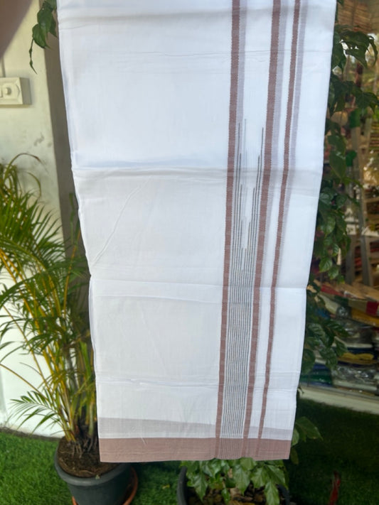 20% DISCOUNT! KaithariKada Balaramapuram DOUBLE PURE WHITE 100% Cotton Mundu/Dhoti - 100x80 - 1.5 inch Pastel Brown Putta Design Chutty Kara - 15KK5174THI