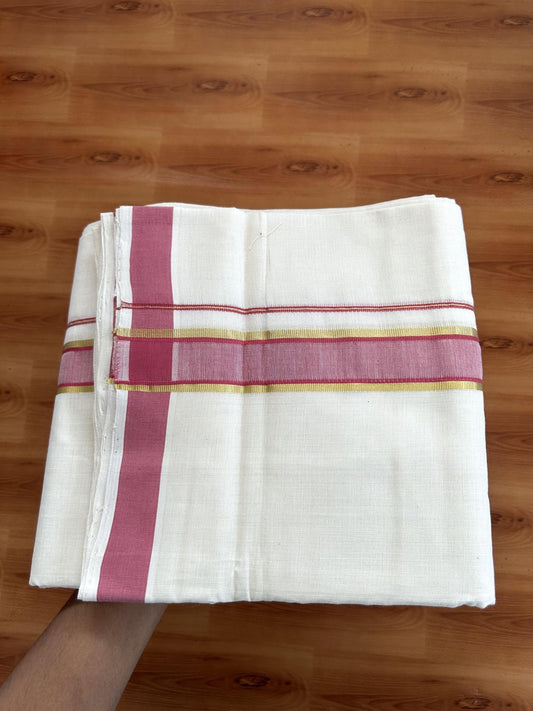 Double Off White (Unbleached)  Mundu/Dhoti- 25% Discount KaithariKada Handloom Unakkupaav - Kerala Handloom - 100% Pure Cotton (100x80) - 1 Inch Gold Kasav & Reddish Pink Shaded Kara 3.80 mtr (8 muzham) - 5 KK5397 ELA