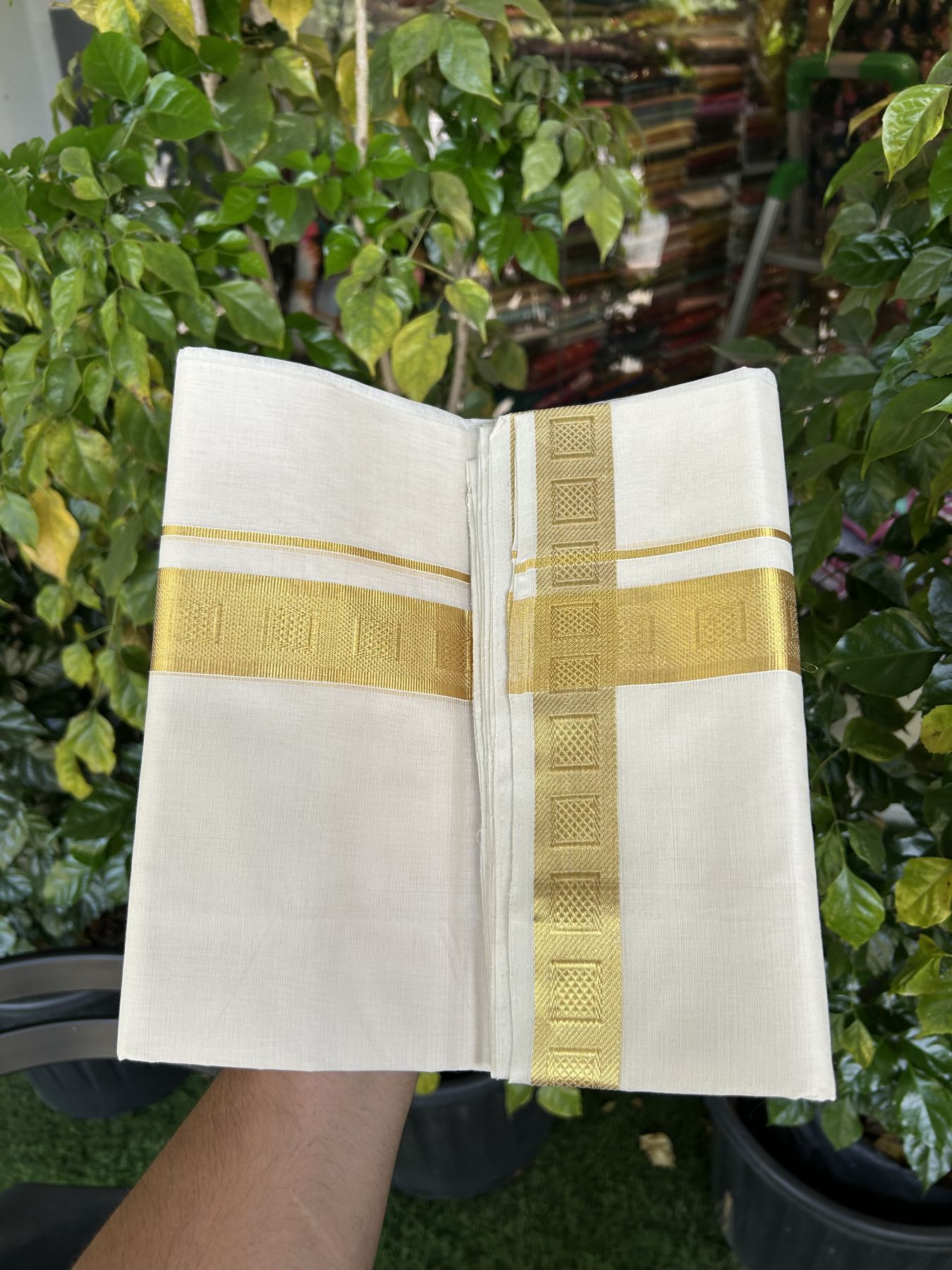 25% Discount ! KaithariKada Kerala Handloom Millpaav  - 100% Pure Cotton Off White- (Unbleached) Double Mundu/Dhoti - 80x90 - 1.5 inch Gold Kasav Jacquard Design Kara 4 mtr (8.5 Muzham) - 50 KK5337 RAM