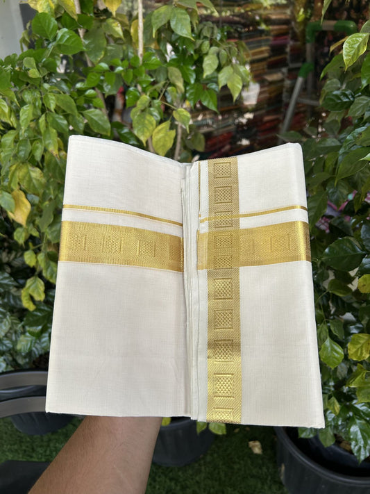 25% Discount ! KaithariKada Kerala Handloom Millpaav  - 100% Pure Cotton Off White- (Unbleached) Double Mundu/Dhoti - 80x90 - 1.5 inch Gold Kasav Jacquard Design Kara 4 mtr (8.5 Muzham) - 50 KK5337 RAM