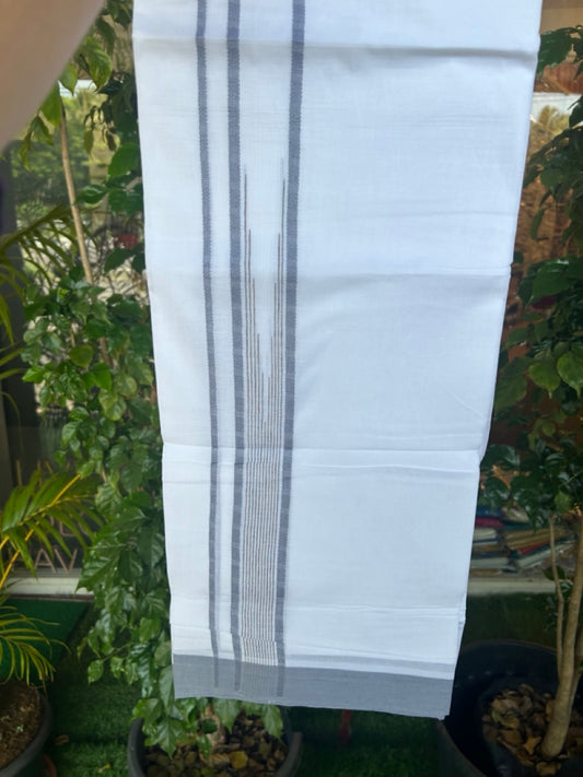 20% DISCOUNT! KaithariKada Balaramapuram DOUBLE PURE WHITE 100% Cotton Mundu/Dhoti - 100x80 - 1.5 inch Ash Blue Putta Design Chutty Kara - 14KK5174THI