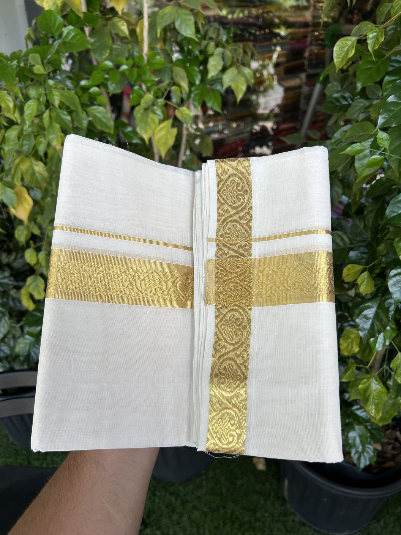 25% Discount ! KaithariKada Kerala Handloom Millpaav  - 100% Pure Cotton Off White- (Unbleached) Double Mundu/Dhoti - 80x90 - 1.75 inch Gold Kasav Jacquard Design Kara 4 mtr (8.5 Muzham) - 45 KK5337 RAM