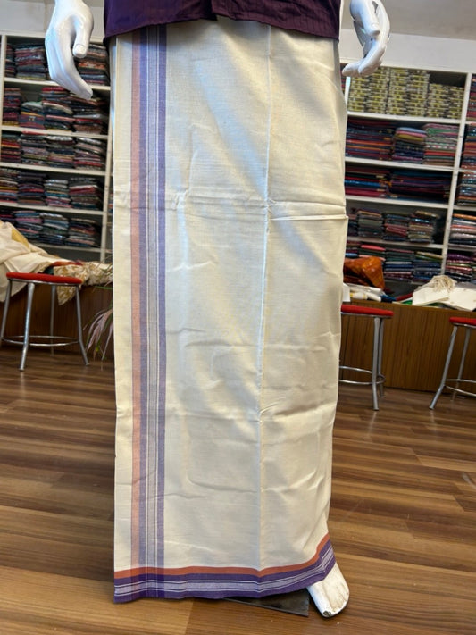 8% Discount !! Kaitharikada Pure Cotton Single Off White - (Unbleached) Kaily / Lungi - 2 inch Violet & Brownish Orange Striped Kuppadam kara with Off White colour body (2 meter / 4 muzham)- 10KK8005AS