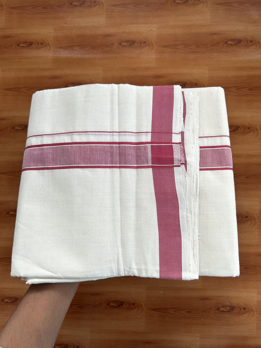 Double Off White (Unbleached)  Mundu/Dhoti- 25% Discount KaithariKada Handloom Unakkupaav - Kerala Handloom - 100% Pure Cotton (100x80) - 1 Inch Reddish Pink Shaded Kara 3.80 mtr (8 muzham) - 3 KK5397 ELA