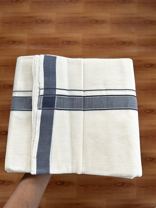 Double Off White (Unbleached)  Mundu/Dhoti- 25% Discount KaithariKada Handloom Unakkupaav - Kerala Handloom - 100% Pure Cotton (100x80) - 1 Inch Greyish Navy Blue Shaded Kara 3.80 mtr (8 muzham) - 2 KK5397 ELA