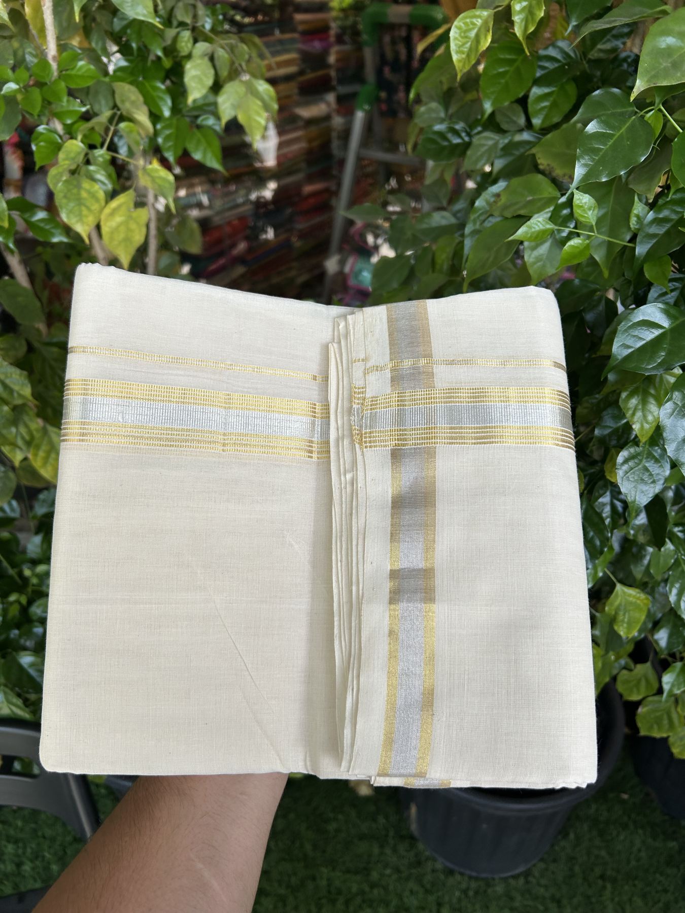25% Discount ! KaithariKada Handloom Millpaav - Kerala Handloom - 100% Pure Cotton Off White (Unbleached) Double Mundu/Dhoti - 80x90 - 1.25 inch Gold Kasav & Silver Kasav striped Kara 4 mtr (8.5 Muzham) - 30 KK5337 RAM
