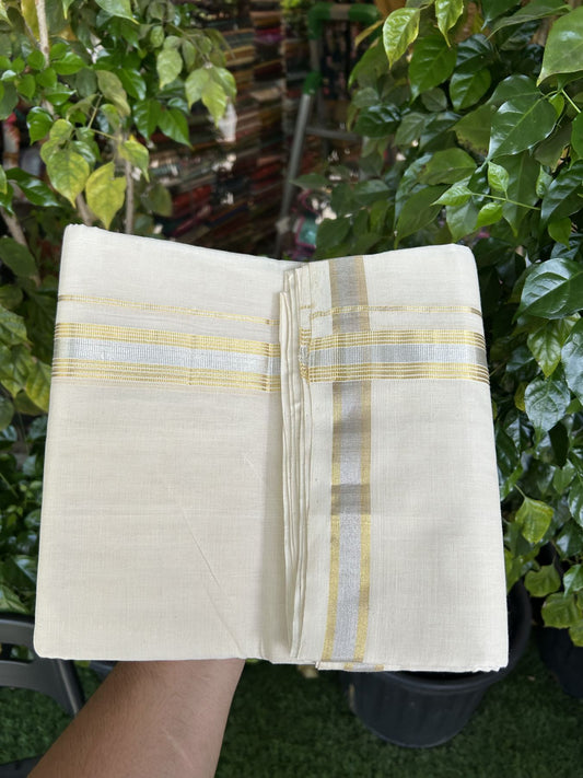 25% Discount ! KaithariKada Handloom Millpaav - Kerala Handloom - 100% Pure Cotton Off White (Unbleached) Double Mundu/Dhoti - 80x90 - 1.25 inch Gold Kasav & Silver Kasav striped Kara 4 mtr (8.5 Muzham) - 30 KK5337 RAM