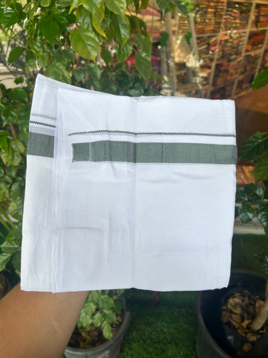 20% DISCOUNT!! KaithariKada Balaramapuram 100% Cotton PURE WHITE DOUBLE Mundu/Dhoti - 100x80 - 1 inch Seaweed Green Design Kara - 21KK5174THI