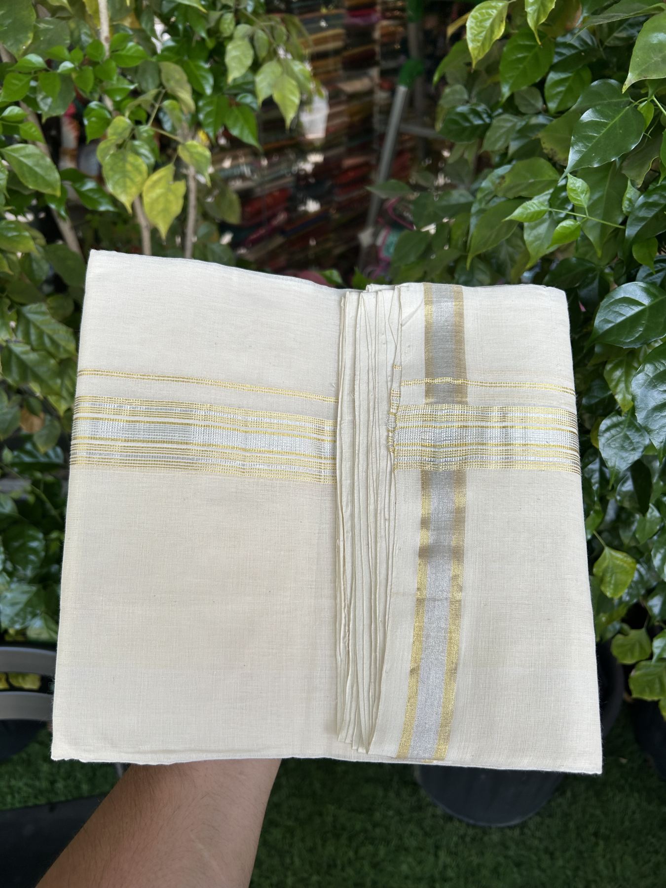 25% Discount ! KaithariKada Handloom Millpaav - Kerala Handloom - 100% Pure Cotton Off White (Unbleached) Double Mundu/Dhoti - 80x90 - 1.5 inch Gold Kasav & Silver Kasav striped Kara 4 mtr (8.5 Muzham) - 26  KK5337 RAM