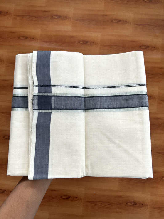 Double Off White (Unbleached)  Mundu/Dhoti- 25% Discount KaithariKada Handloom Unakkupaav - Kerala Handloom - 100% Pure Cotton (100x80) - 1 Inch Silver Kasav & Greyish Navy Blue Shaded Kara 3.80 mtr (8 muzham) - 4 KK5397 ELA