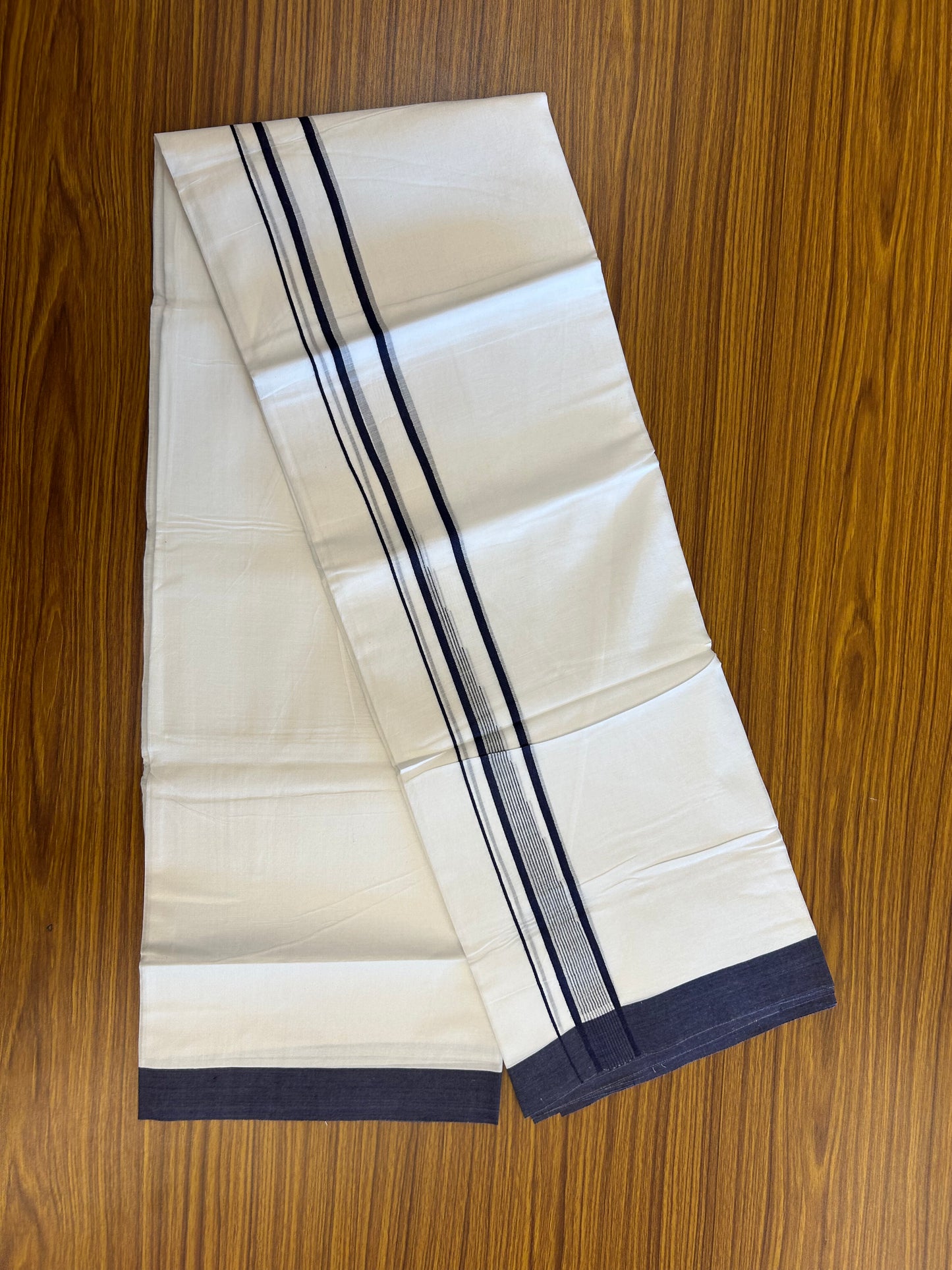 20% Discount ! Kaitharikada Balaramapuram 100% Pure Cotton Double Pure White Mundu/Dhoti - 100x80 - 1.25 inch Navy Blue shaded striped chutty 3.90 mtr (8.5 muzham) - 121 KK5361 PMC