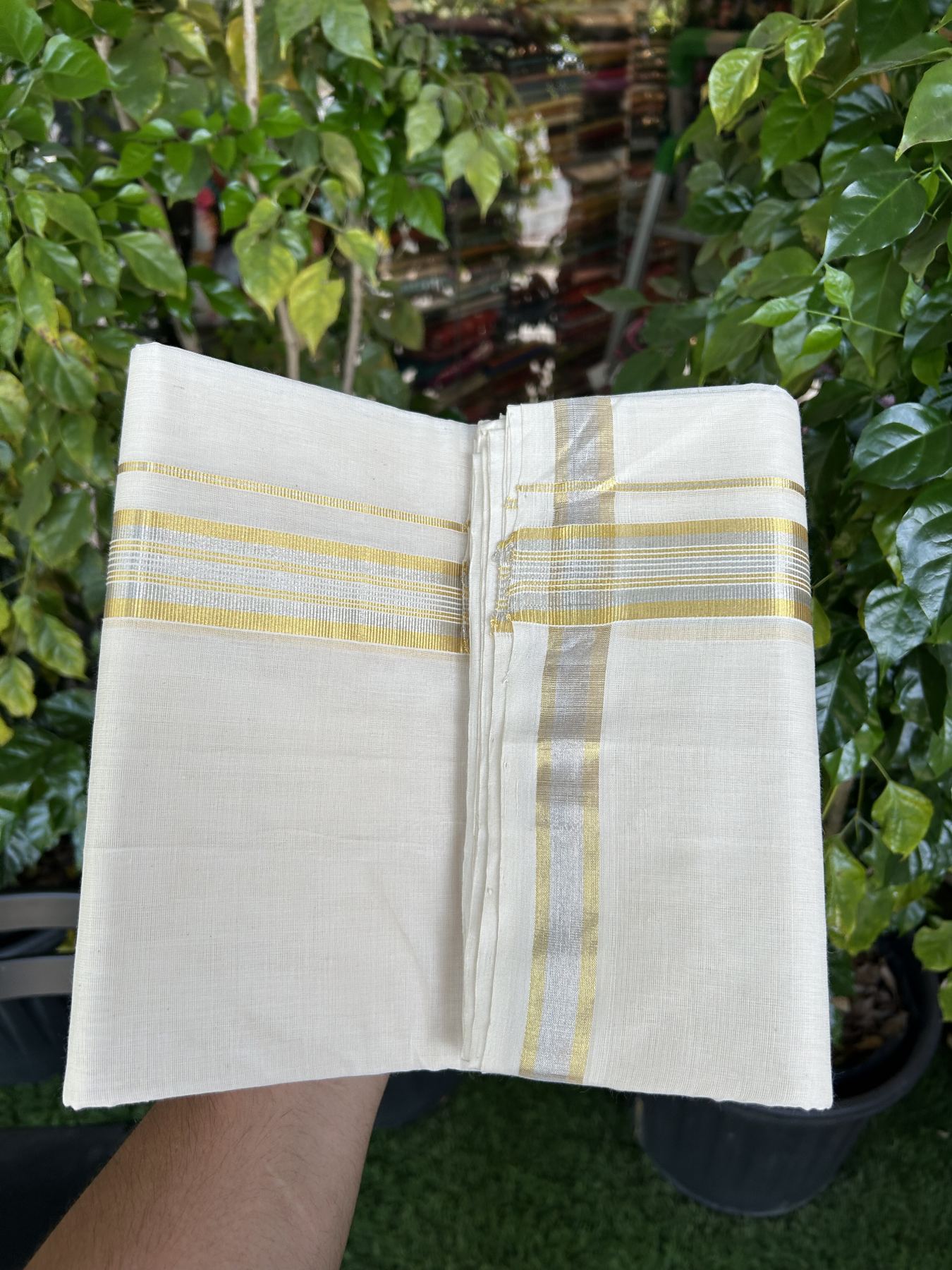 25% Discount ! KaithariKada Handloom Millpaav - Kerala Handloom - 100% Pure Cotton Off White (Unbleached) Double Mundu/Dhoti - 80x90 - 1.5 inch Gold Kasav & Silver Kasav striped Kara 4 mtr (8.5 Muzham) - 31 KK5337 RAM