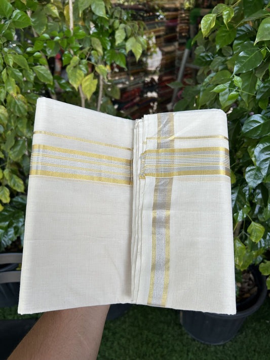 25% Discount ! KaithariKada Handloom Millpaav - Kerala Handloom - 100% Pure Cotton Off White (Unbleached) Double Mundu/Dhoti - 80x90 - 1.5 inch Gold Kasav & Silver Kasav striped Kara 4 mtr (8.5 Muzham) - 31 KK5337 RAM