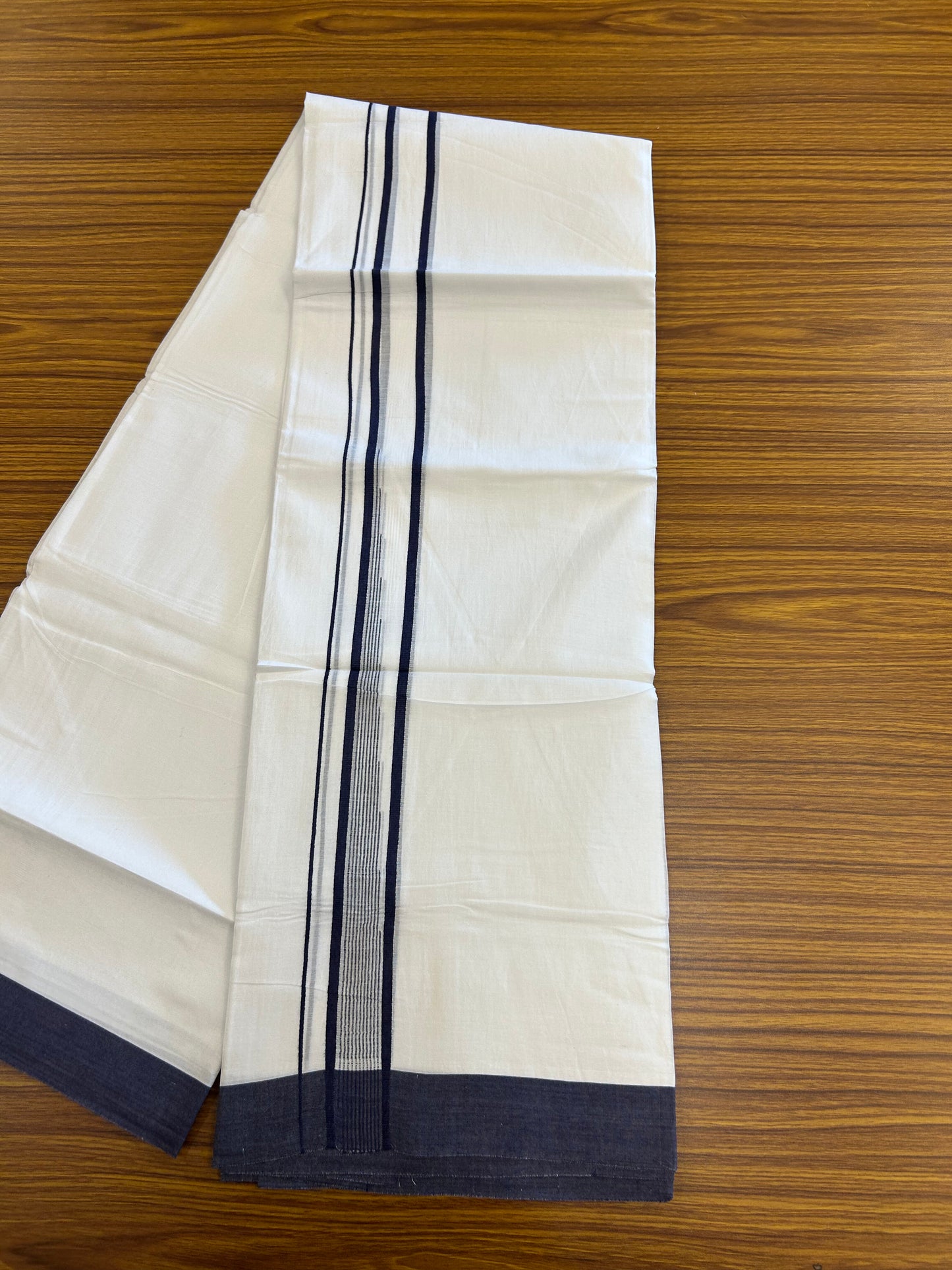 20% Discount ! Kaitharikada Balaramapuram 100% Pure Cotton Double Pure White Mundu/Dhoti - 100x80 - 1.25 inch Navy Blue shaded striped chutty 3.90 mtr (8.5 muzham) - 121 KK5361 PMC