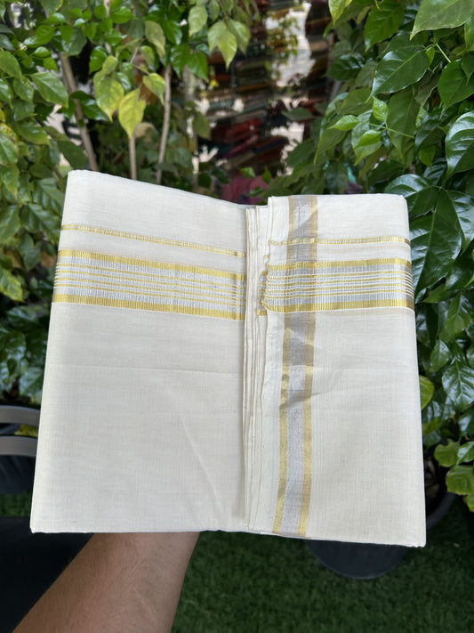 25% Discount ! KaithariKada Handloom Millpaav - Kerala Handloom - 100% Pure Cotton Off White (Unbleached) Double Mundu/Dhoti - 80x90 - 1.5 inch Gold Kasav & Silver Kasav striped Kara 4 mtr (8.5 Muzham) - 34 KK5337 RAM