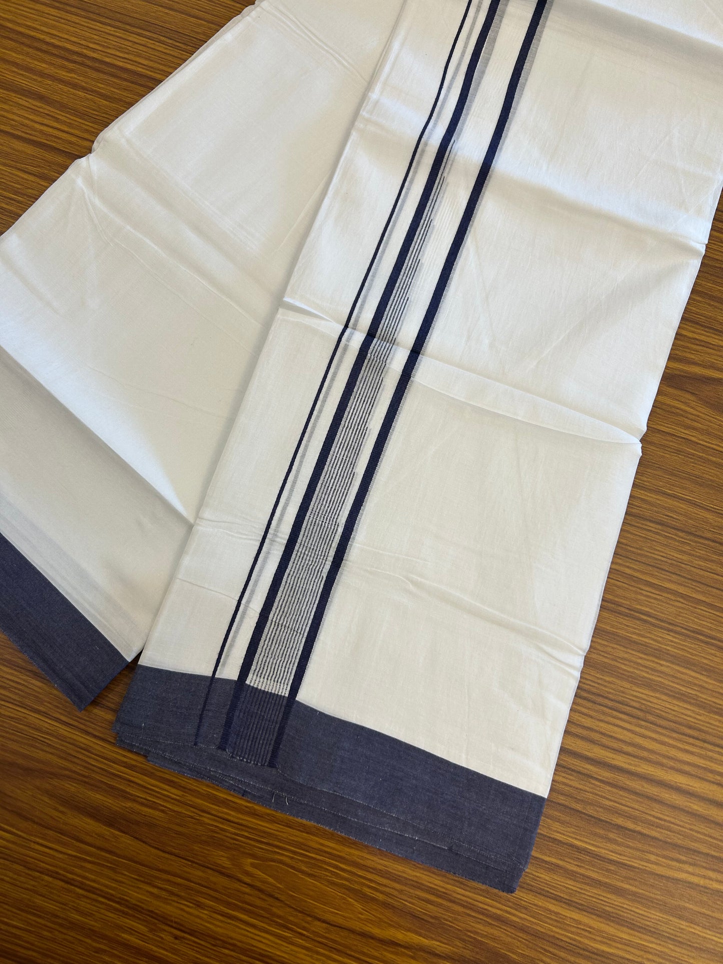 20% Discount ! Kaitharikada Balaramapuram 100% Pure Cotton Double Pure White Mundu/Dhoti - 100x80 - 1.25 inch Navy Blue shaded striped chutty 3.90 mtr (8.5 muzham) - 121 KK5361 PMC