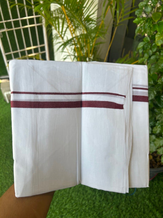 20% DISCOUNT!! KaithariKada Balaramapuram 100% Cotton PURE WHITE DOUBLE Mundu/Dhoti - 100x80 - 0.5 inch Maroon Design Kara - 27KK5174THI