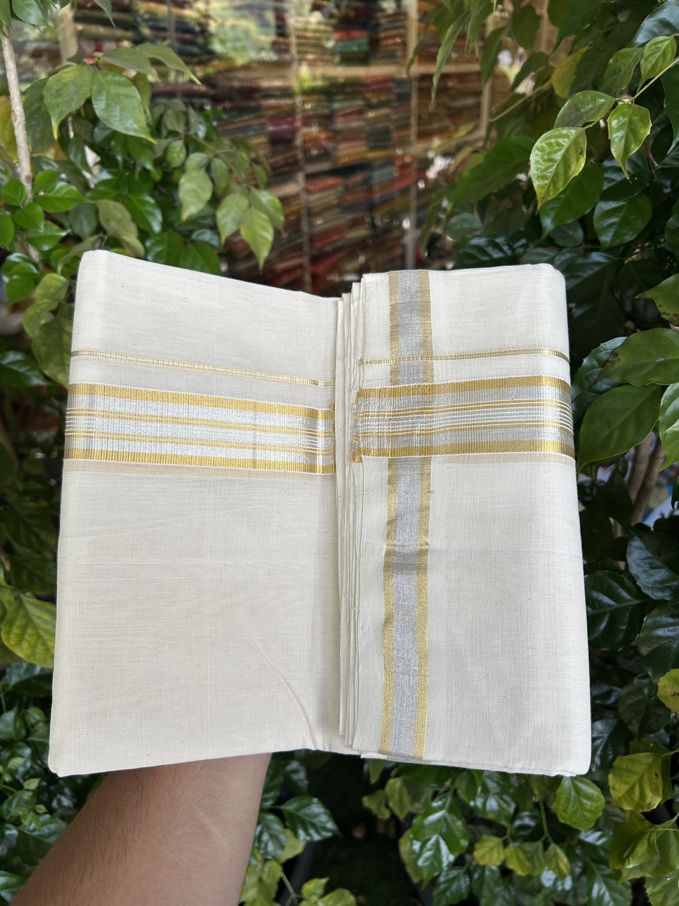 25% Discount ! KaithariKada Handloom Millpaav - Kerala Handloom - 100% Pure Cotton Off White (Unbleached) Double Mundu/Dhoti - 80x90 - 1.5 inch Gold Kasav & Silver Kasav striped Kara 4 mtr (8.5 Muzham) - 32 KK5337 RAM