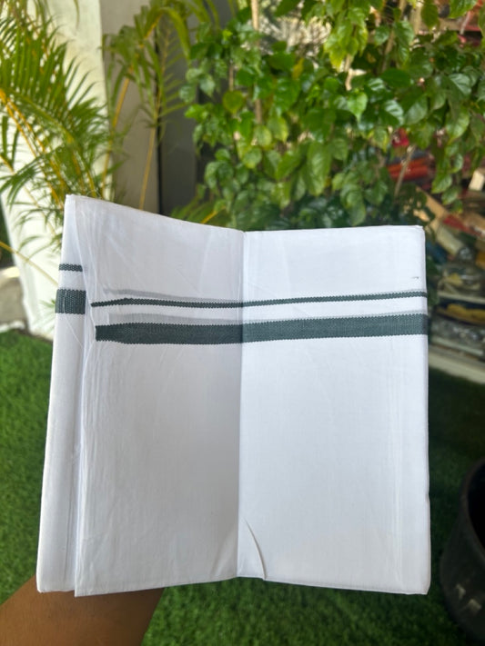 20% DISCOUNT!! KaithariKada Balaramapuram 100% Cotton PURE WHITE DOUBLE Mundu/Dhoti - 100x80 - 0.5 inch Dark Green Design Kara - 26KK5174THI