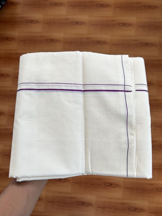 Double Off White (Unbleached)  Mundu/Dhoti- 25% Discount KaithariKada Handloom Unakkupaav - Kerala Handloom - 100% Pure Cotton (100x80) - 0.2 cm Violet Thin Kara 3.80 mtr (8 muzham) - 1 KK5397 ELA