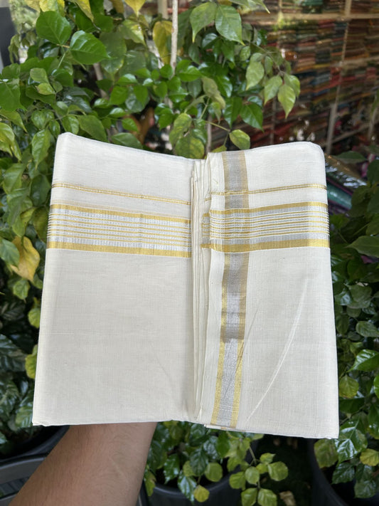 25% Discount ! KaithariKada Handloom Millpaav - Kerala Handloom - 100% Pure Cotton Off White (Unbleached) Double Mundu/Dhoti - 80x90 - 1.5 inch Gold Kasav & Silver Kasav striped Kara 4 mtr (8.5 Muzham) - 35 KK5337 RAM