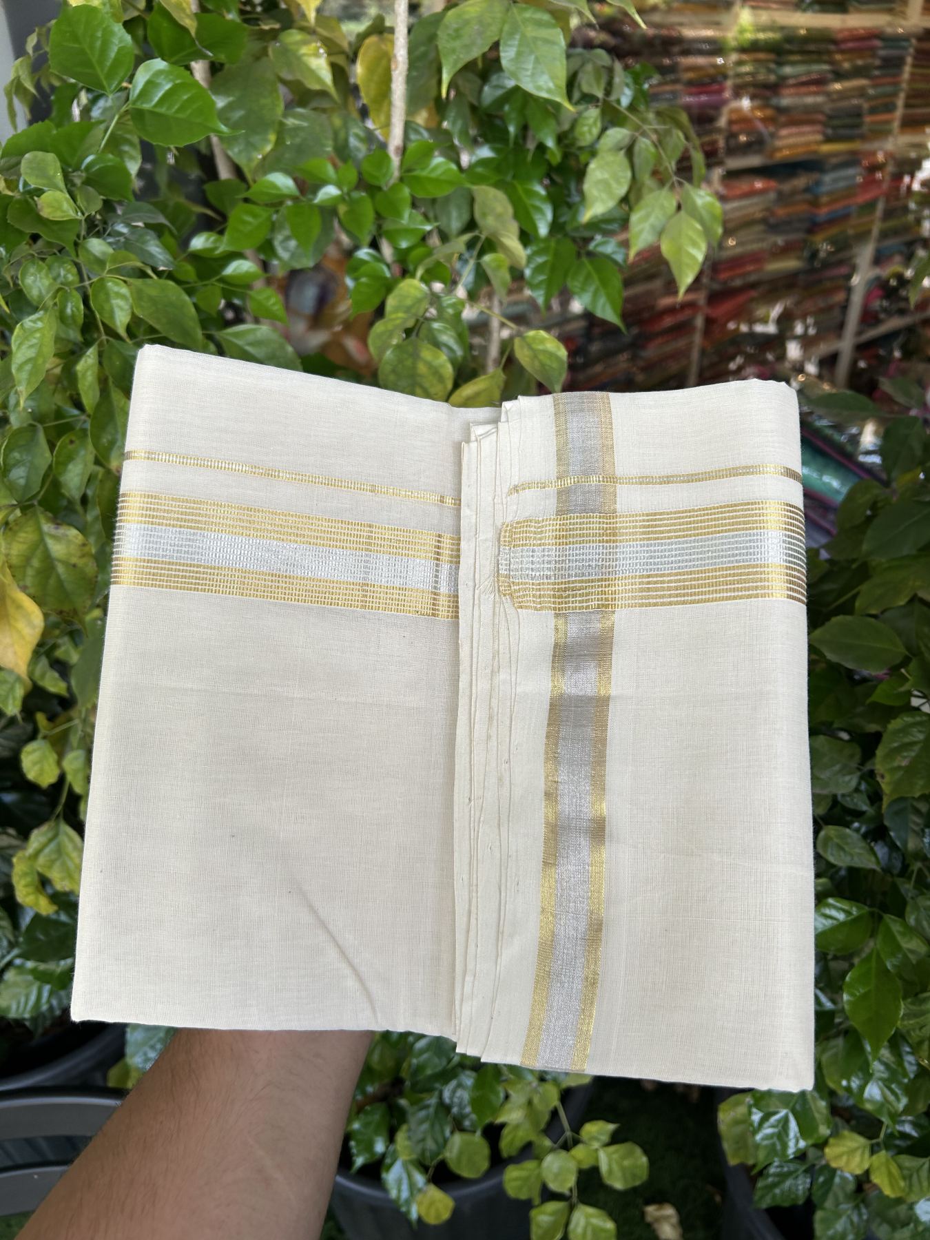 25% Discount ! KaithariKada Handloom Millpaav - Kerala Handloom - 100% Pure Cotton Off White (Unbleached) Double Mundu/Dhoti - 80x90 - 1.5 inch Gold Kasav & Silver Kasav striped Kara 4 mtr (8.5 Muzham) - 28 KK5337 RAM