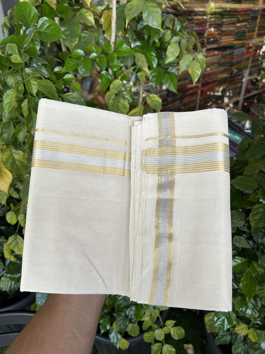 25% Discount ! KaithariKada Handloom Millpaav - Kerala Handloom - 100% Pure Cotton Off White (Unbleached) Double Mundu/Dhoti - 80x90 - 1.5 inch Gold Kasav & Silver Kasav striped Kara 4 mtr (8.5 Muzham) - 28 KK5337 RAM