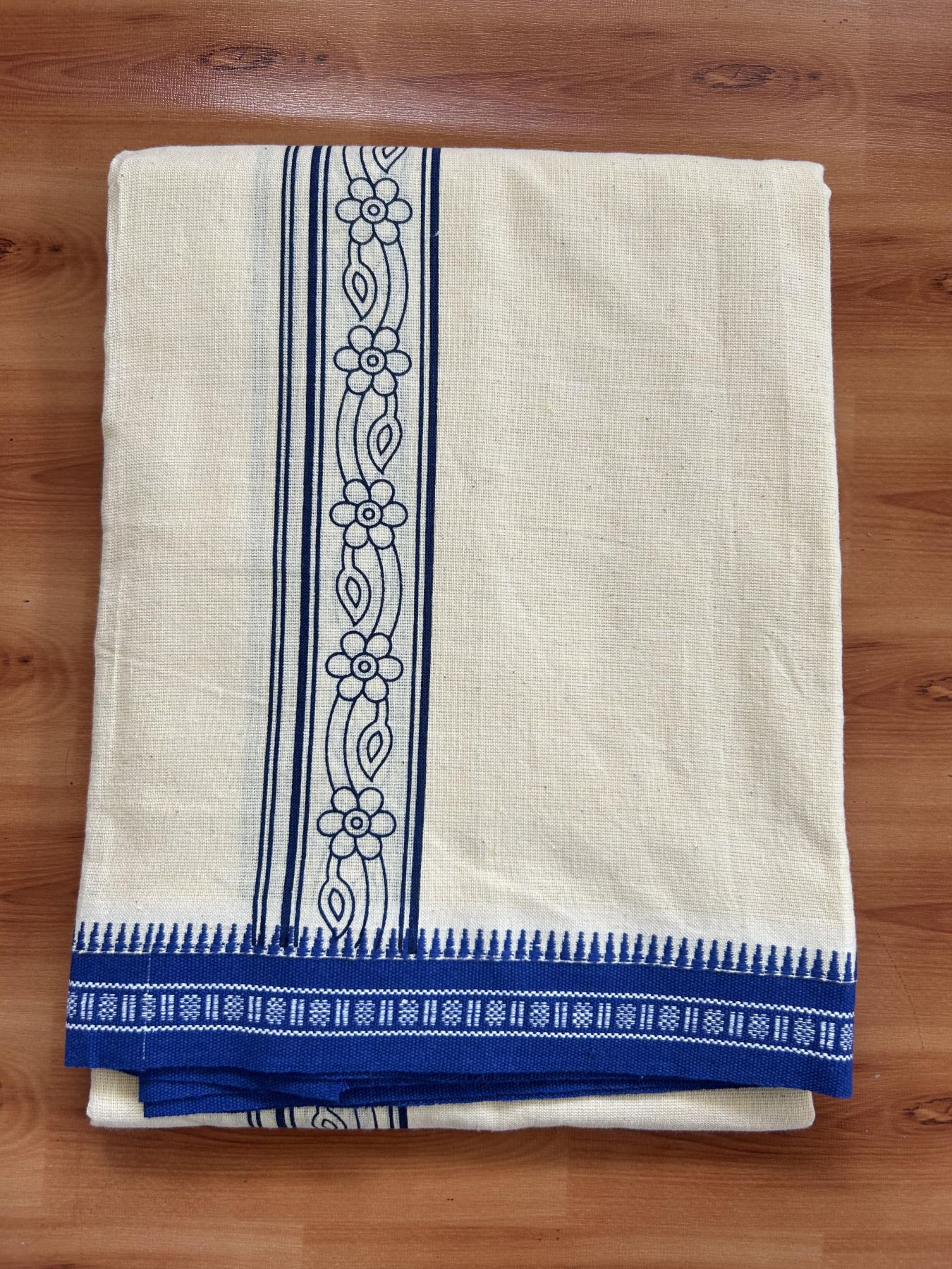 Kaitharikada - Single Kaily / Lungi -Mixed Cotton - 40s twisted - 2 inch Blue Design Printed Kuppadam Kara With Light Yellow Colour Body (2 meter / 4 muzham) - 6 KK8056 AST