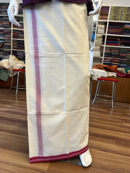 8% Discount !! Kaitharikada Pure Cotton Single Off White - (Unbleached) Kaily / Lungi - 2 inch Magenta Striped Kuppadam kara with Off White colour body ( 2 meter / 4 muzham) - 4KK8005AS