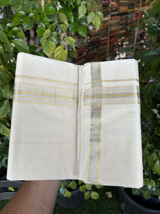 25% Discount ! KaithariKada Handloom Millpaav - Kerala Handloom - 100% Pure Cotton Off White (Unbleached) Double Mundu/Dhoti - 80x90 - 1.5 inch Gold Kasav & Silver Kasav striped Kara 4 mtr (8.5 Muzham) - 25  KK5337 RAM