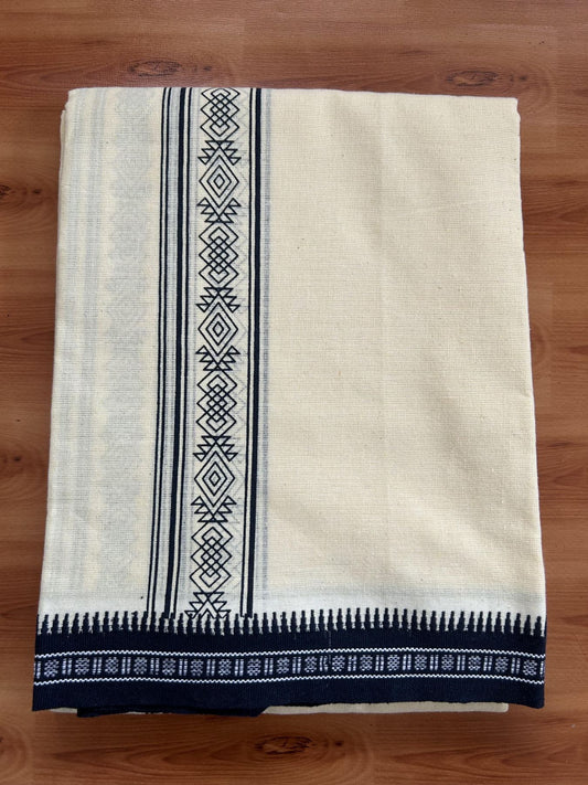 Kaitharikada - Single Kaily / Lungi -Mixed Cotton - 40s twisted - 2 inch Navy Blue Design Printed Kuppadam Kara With Light Yellow Colour Body (2 meter / 4 muzham) - 7 KK8056 AST